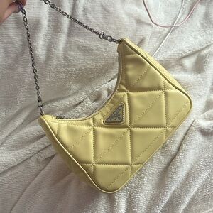 Prada Pale Yellow Quilted Leather Shoulder Bag with Silver Chain